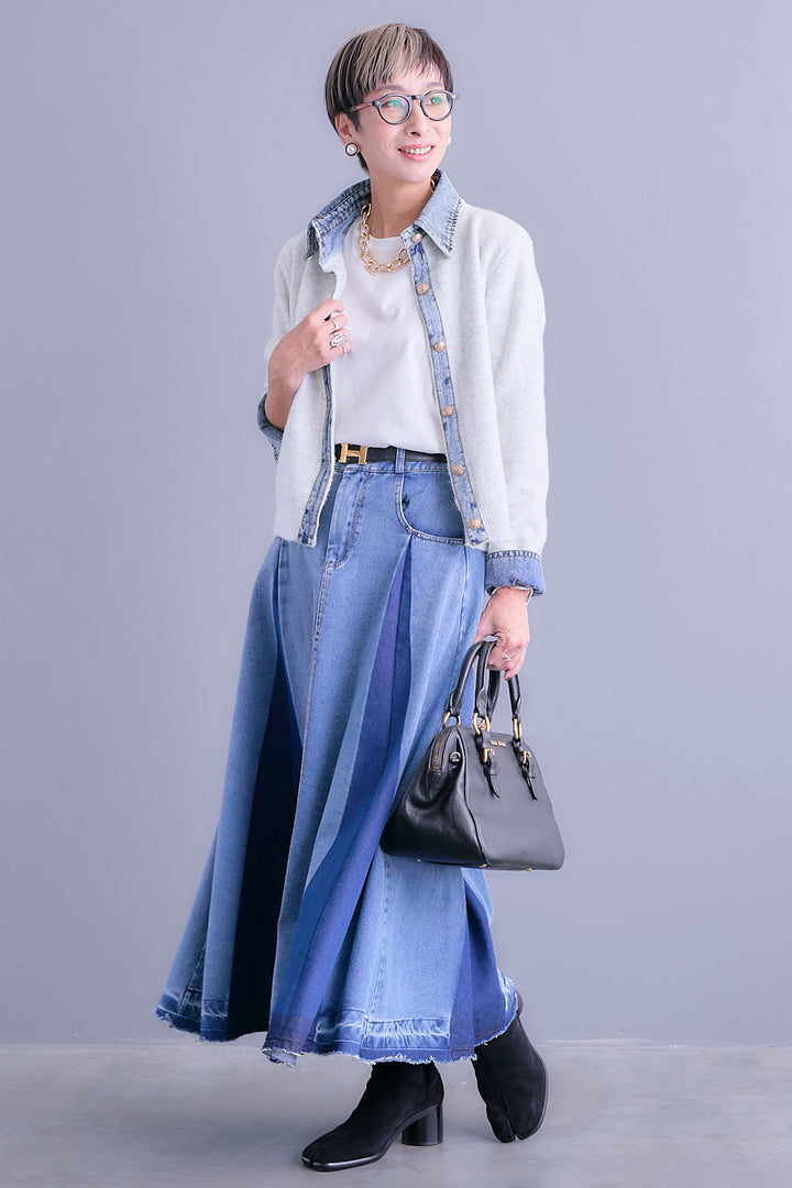 【SET】デニムコンビニットカーディガン+プリーツタックデニムスカート(2set)