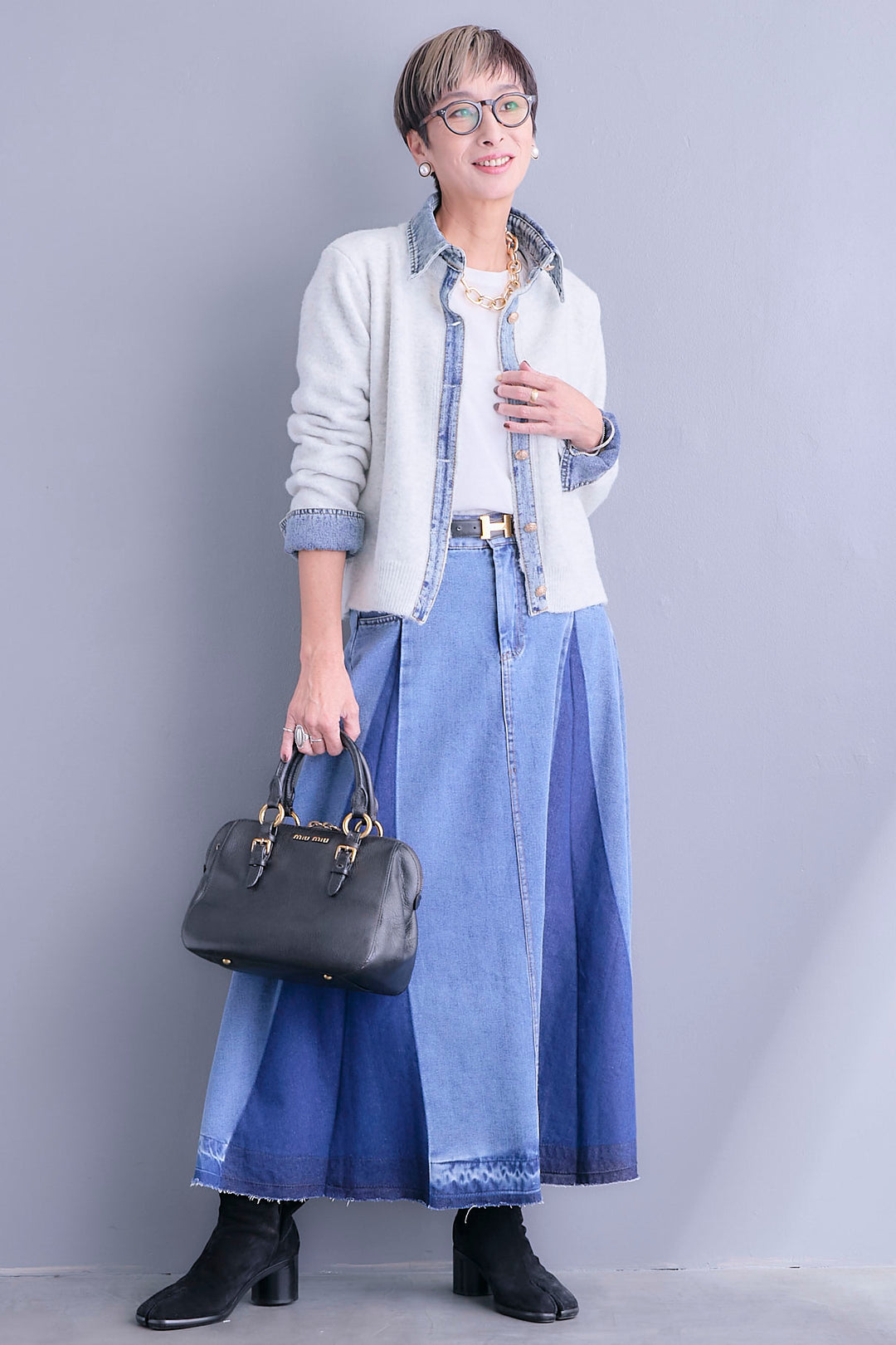 【SET】デニムコンビニットカーディガン+プリーツタックデニムスカート(2set)