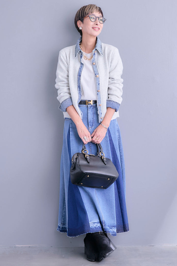 【SET】デニムコンビニットカーディガン+プリーツタックデニムスカート(2set)