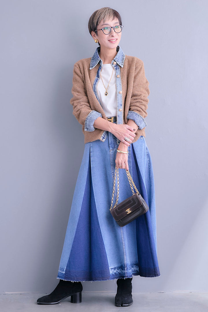 【SET】デニムコンビニットカーディガン+プリーツタックデニムスカート(2set)