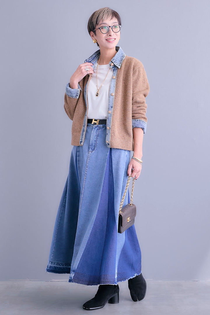 【SET】デニムコンビニットカーディガン+プリーツタックデニムスカート(2set)
