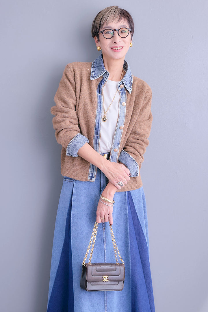 【SET】デニムコンビニットカーディガン+プリーツタックデニムスカート(2set)