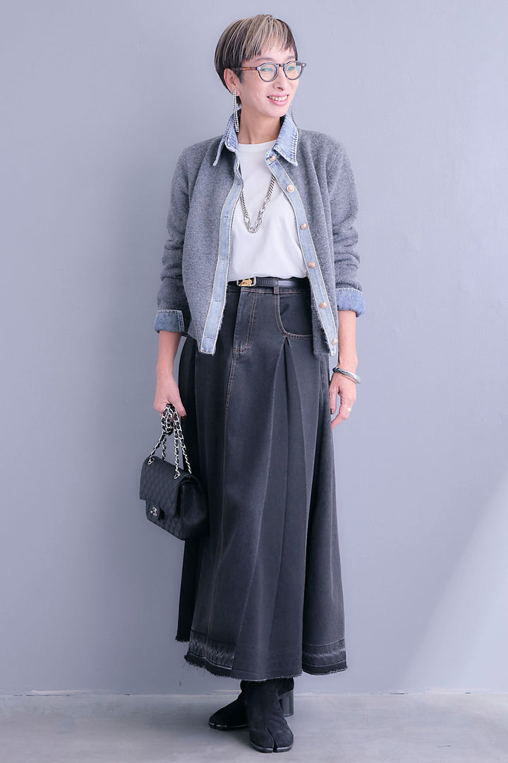 【SET】デニムコンビニットカーディガン+プリーツタックデニムスカート(2set)