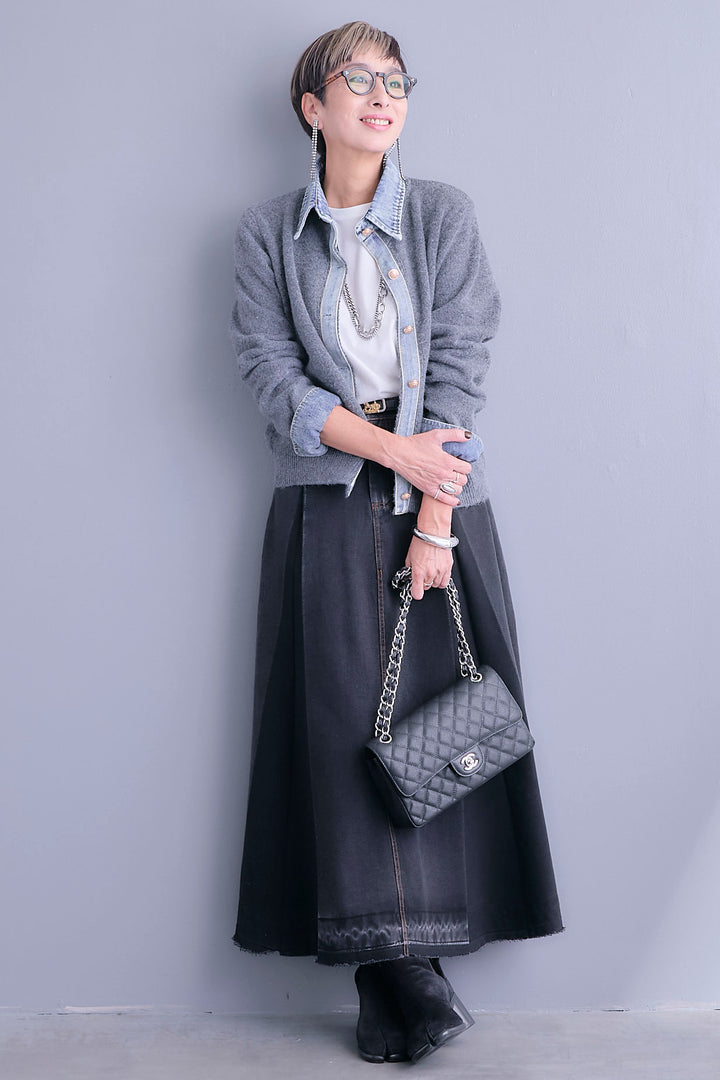 【SET】デニムコンビニットカーディガン+プリーツタックデニムスカート(2set)