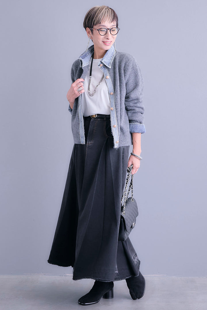 【SET】デニムコンビニットカーディガン+プリーツタックデニムスカート(2set)