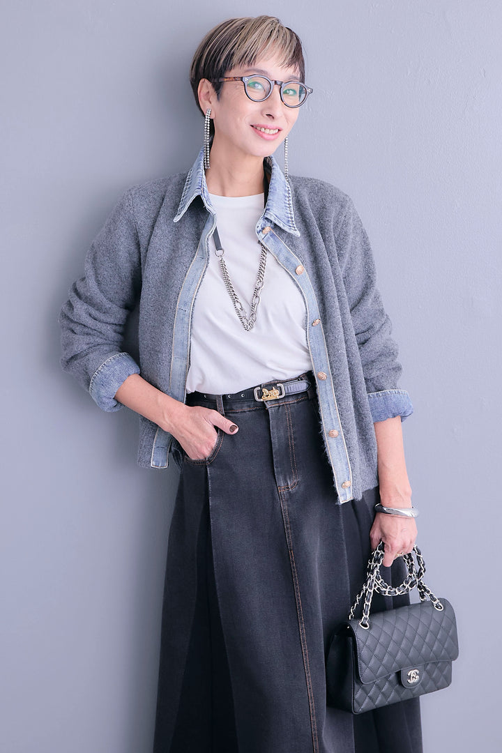 【SET】デニムコンビニットカーディガン+プリーツタックデニムスカート(2set)