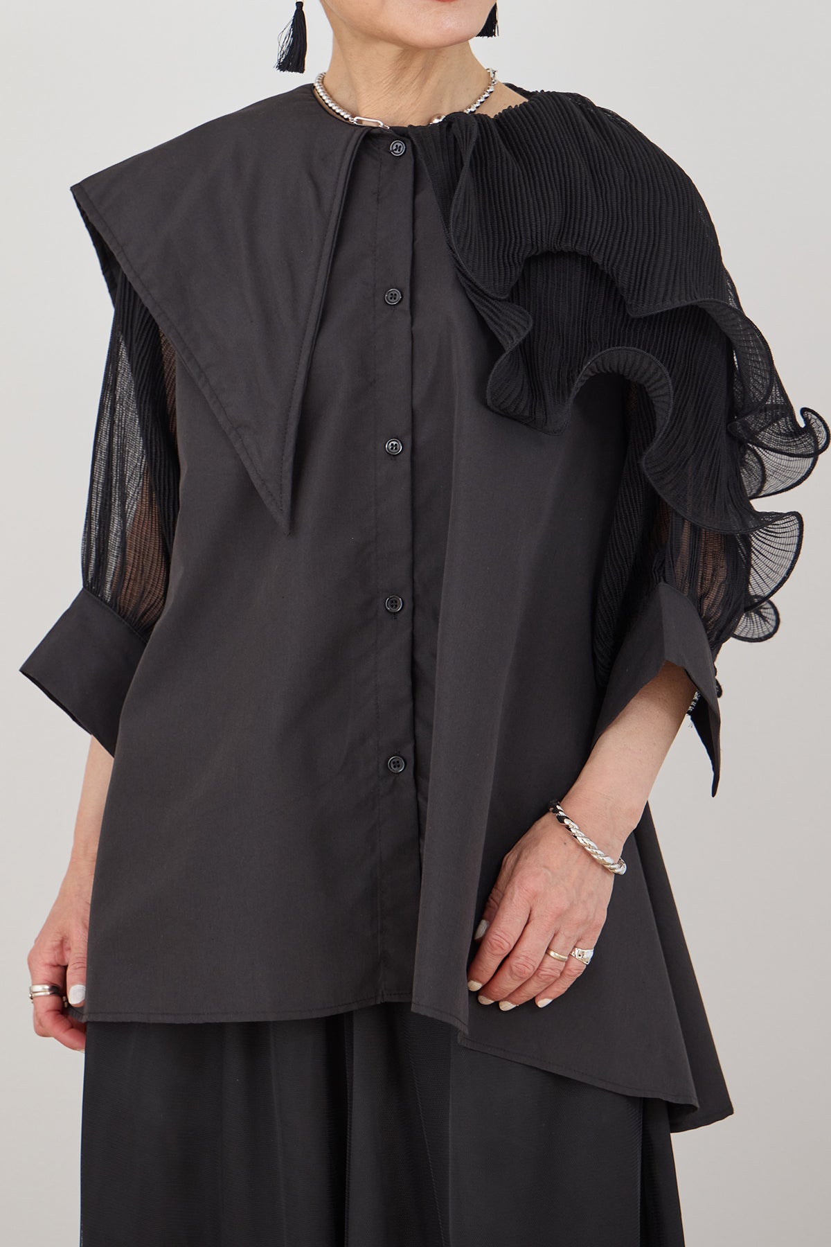 みかん⑤*3Lブラック黒*ラッフルフリル長袖ブラウス ラッフルフリル