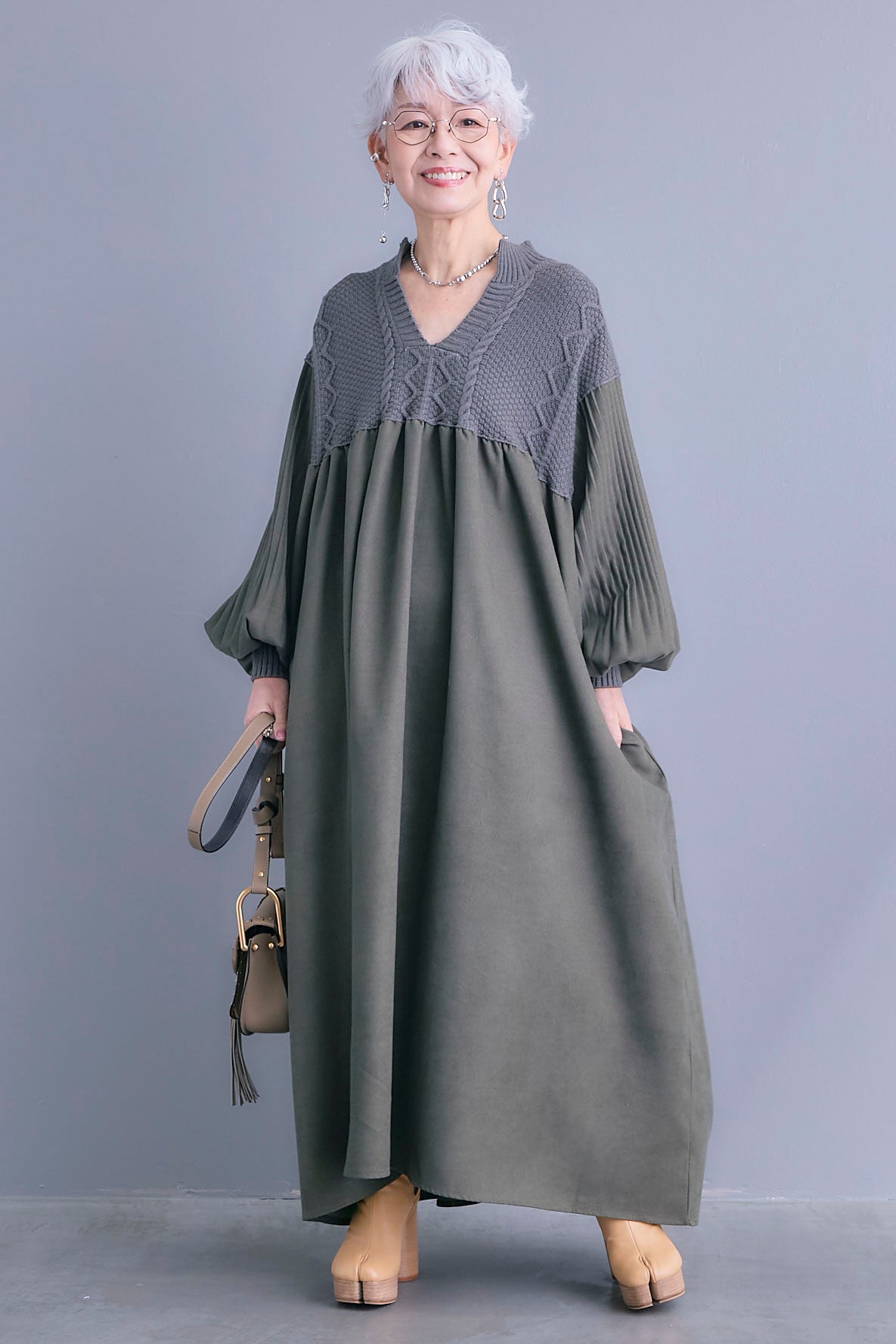 予約】コーデュロイ×ニットコンビキーネックワンピース – AIJAN