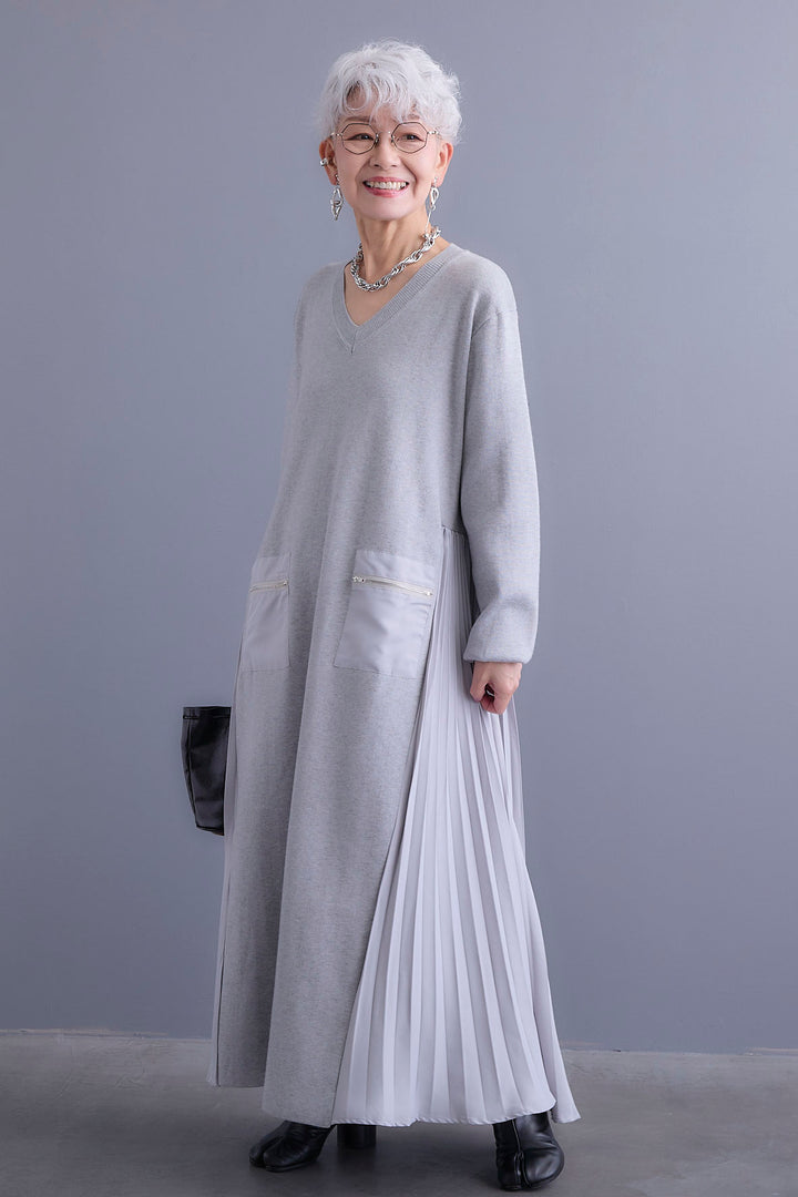 【予約】ZIPポケットサイドプリーツニットワンピース