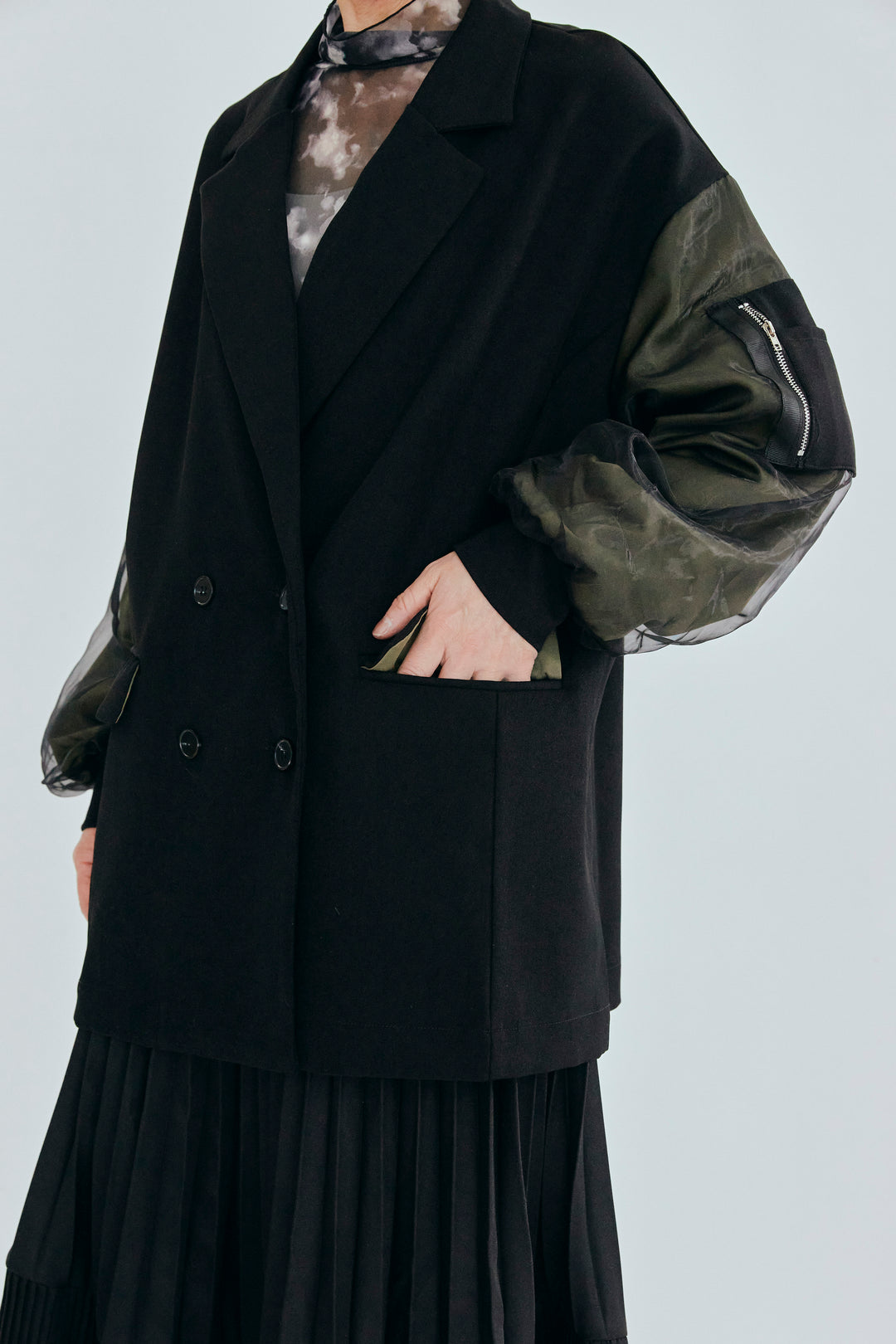 【SET】タックインデザインスキッパーシャツ+チュールレイヤードMA-1ジャケット+アシンメトリーラッフルプリーツスカート(3set)